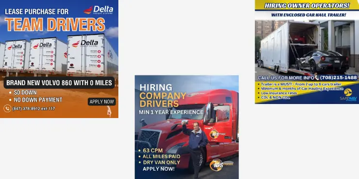 Facebook ads for trucking recruitment, featuring incentives for drivers