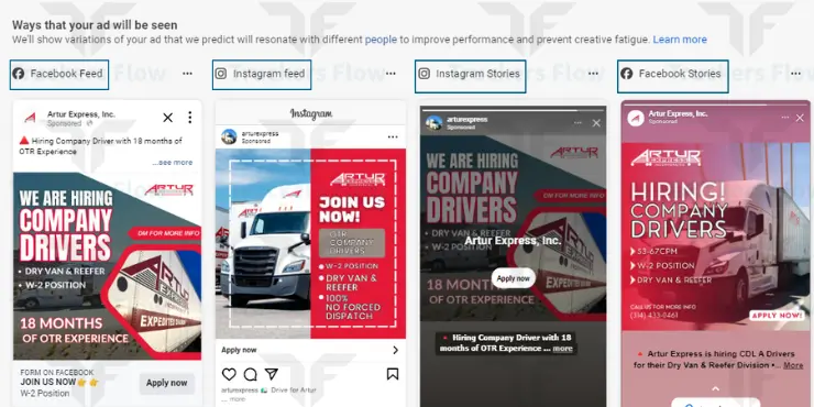 Ad layouts for a trucking company's recruitment campaign across Facebook and Instagram.