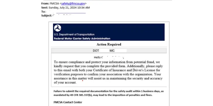 Screenshot from the fake/imposter FMCSA email